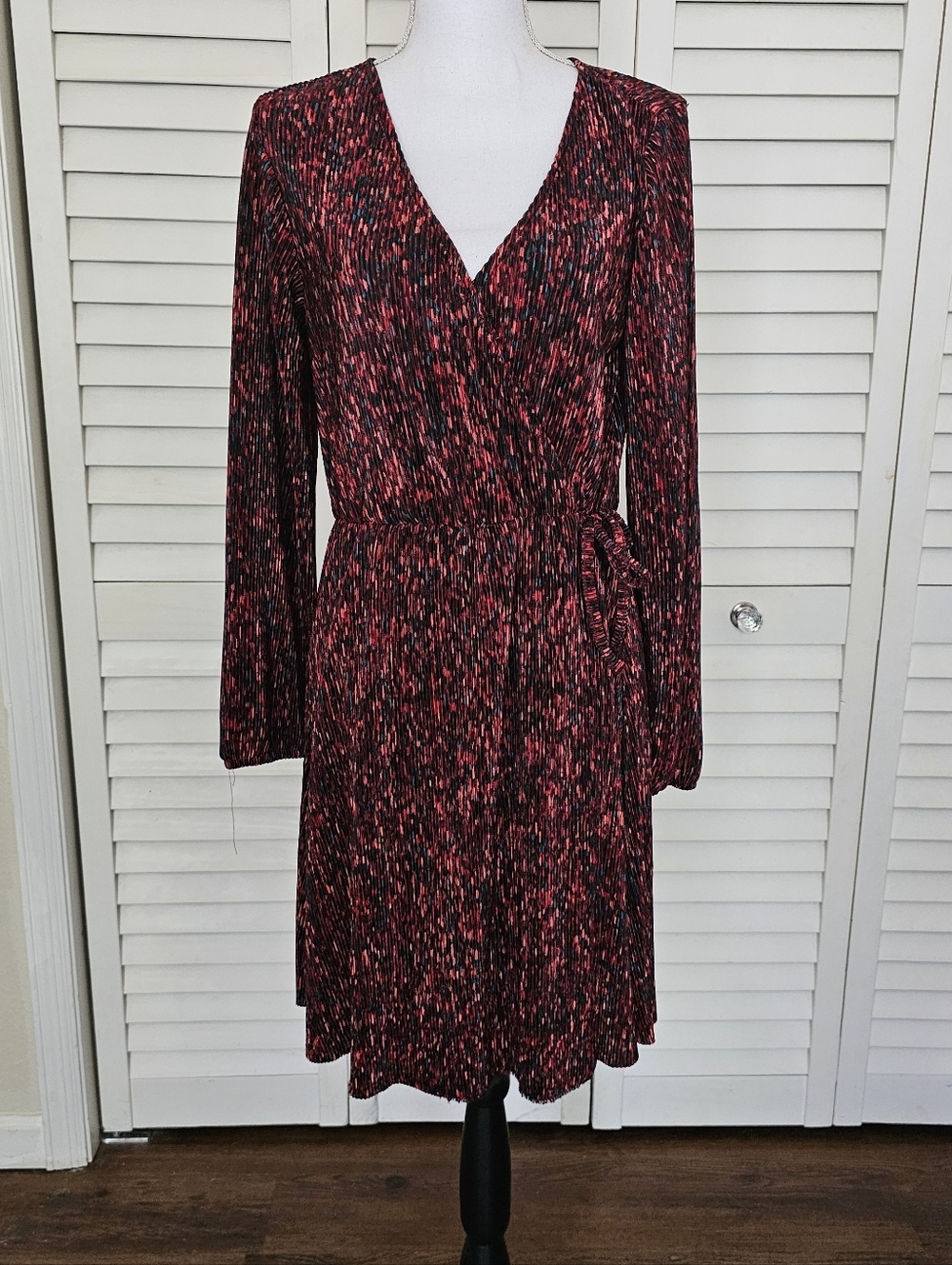 Fred David Dress Size L Multicolor Ribbed V Neck Elastic Waist Wrap Style